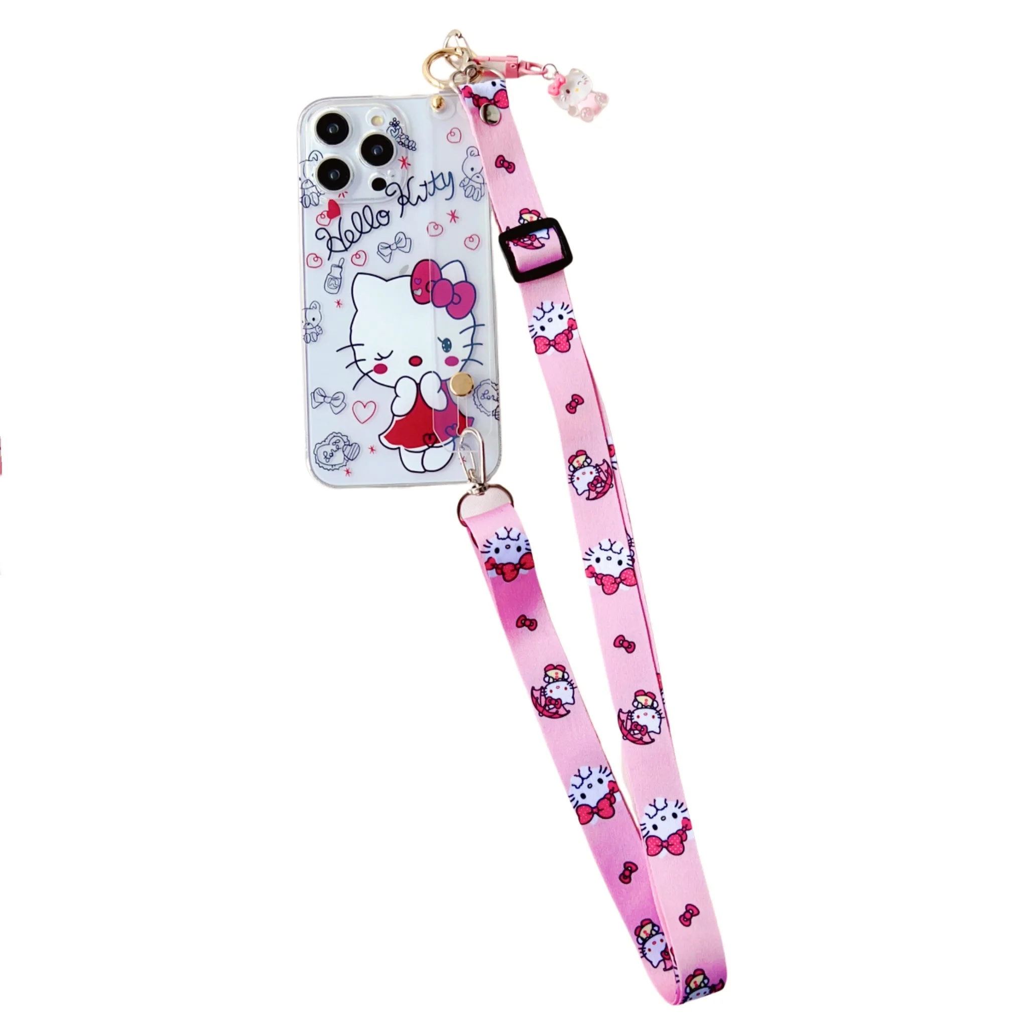thumbnail image 1 of Hello Kitty For iPhone 15 14 13 12 11 Pro Xs Max Xs XR 7 8 6 Plus SE 2020 Case Wrist Strap Ornament, 1 of 5