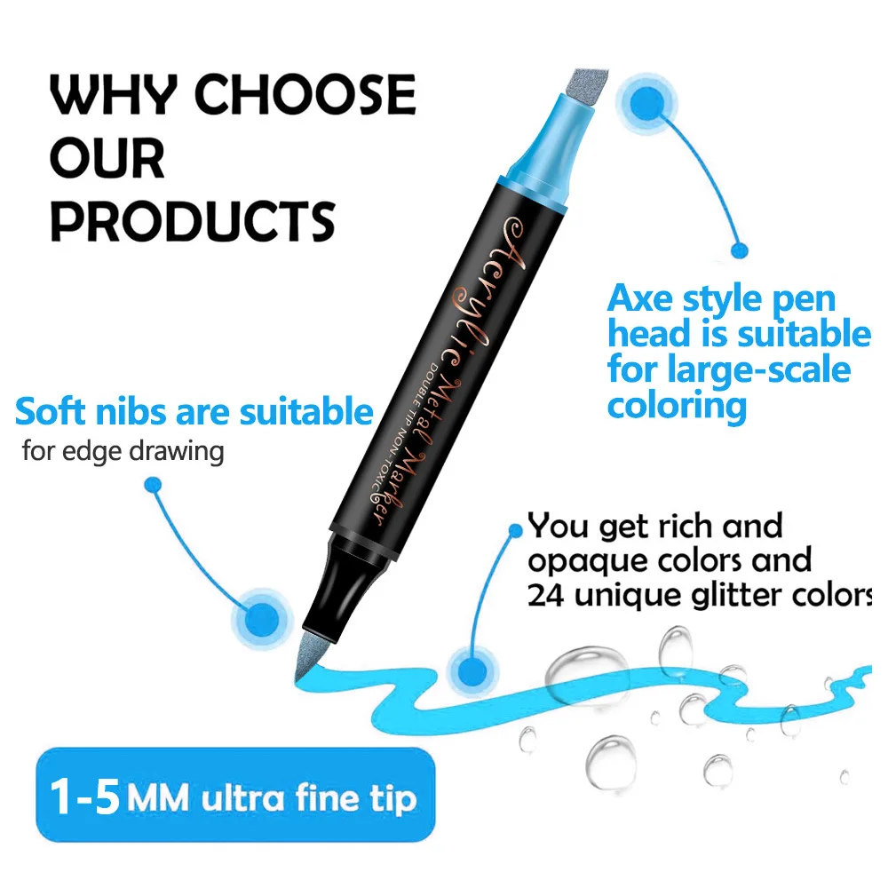 12/24 컬러 메탈릭 마커, 이중 팁 이중 목적 아크릴 마커, 1-5mm 소프트 닙, 24가지 독특한 글리터 색상, 대규모 채색에 적합한 도끼 모양 닙, 미술 용품, 학생 선물