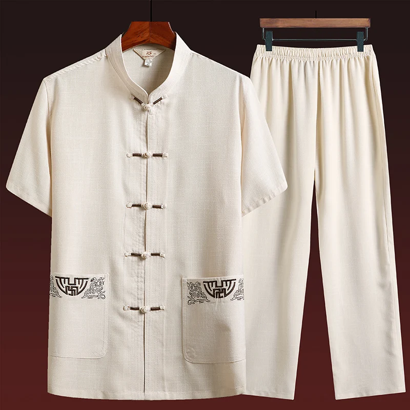 Cotton and Linen (top + Pants) Elderly Men Gold Silk Pan Buckle Pocket Embroidered Tang Dress Han Dress Lay Tai Chi Suit Set 2
