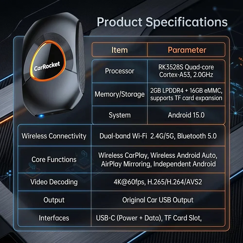 Box Smart AI Android 15 con Carplay Wireless e Adattatore Android Auto per YouTube e Netflix, Compatibile con Lexus, Ford, Toyota, VW, Benz, Kia, MG, Haval, Fiat - Image 2