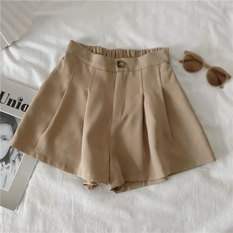 DAYIFUN Women Solid Shorts Simple Casual Elastic High Waist Pants Pleated Chic Summer Wide Leg A-line Short Pants Streetwear