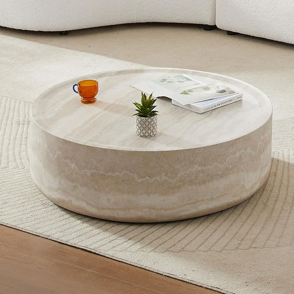 Round Coffee Table, 39.37” Tea Faux Travertine Textured Tables Fiberglass Side Tables End Table for Living Room, Apartment 5