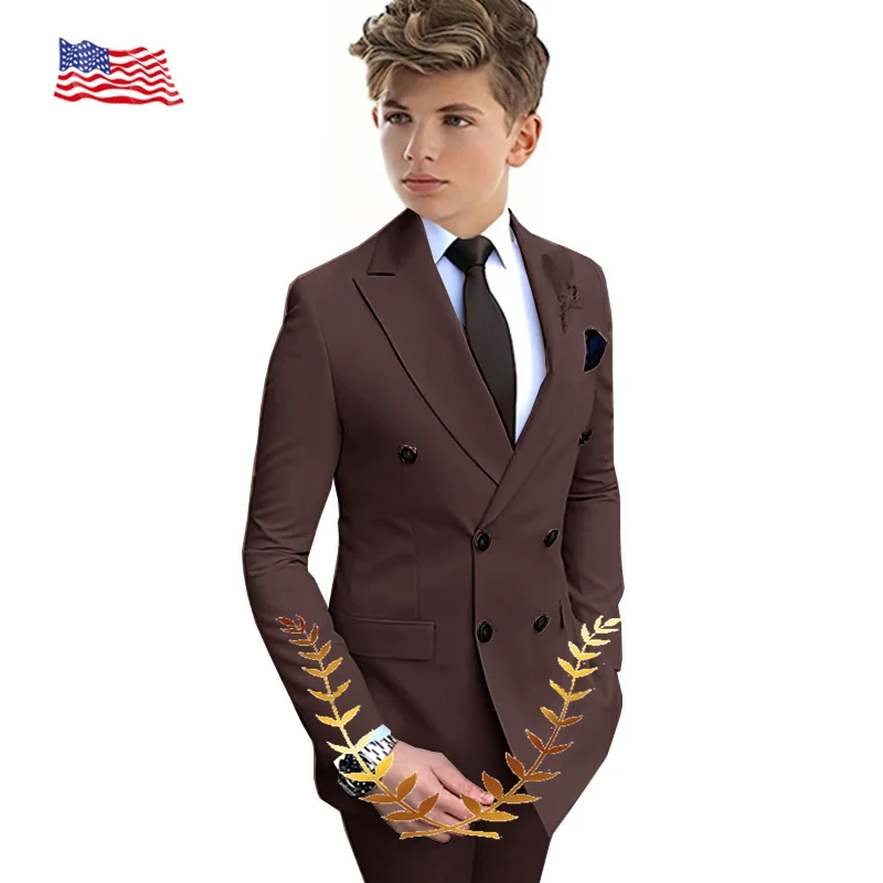 Beige Boys Suit 2 Pieces Double-Breasted Notch Lapel Flat Slim Fit Casual Tuxedos For Wedding (Blazer+Pants) boys suits