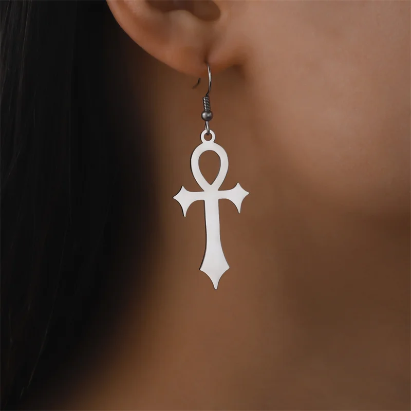 Punk Stainless Steel Drop Earrings For Women Men Egypt Ankh Cross Dangle Earrings Vintage Piercing Ear Jewelry Gift Accessories