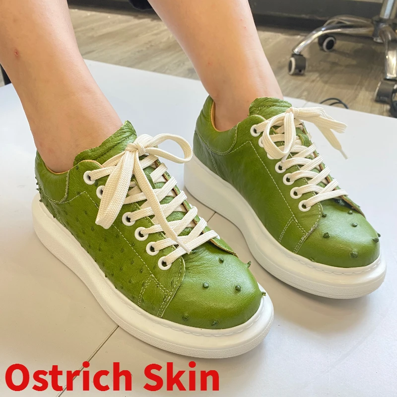 

Couple Shoes Casual Sports Shoes Green Sneakers Men Ostrich Skin Pantshoes Genuine Leather Hand Sewn Ostrich Leather Women Shoes