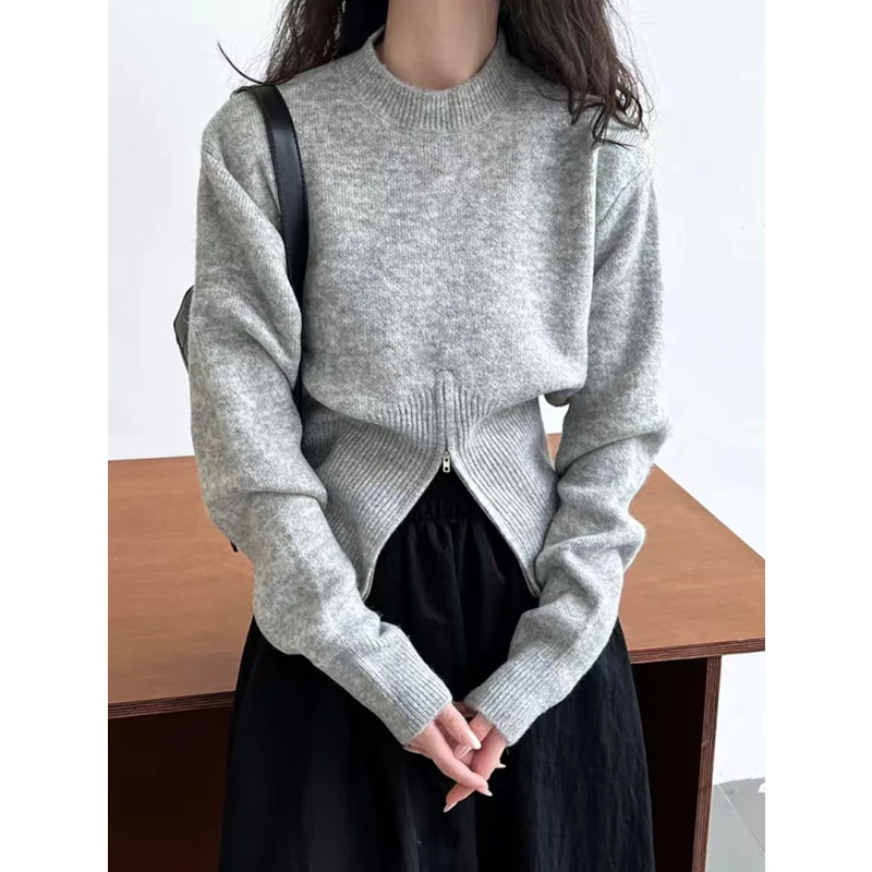 Autumn Temperament Round Neck Zipper Design Loose and Versatile Long Sleeved Knitted Sweater Solid Color Sweater for Women
