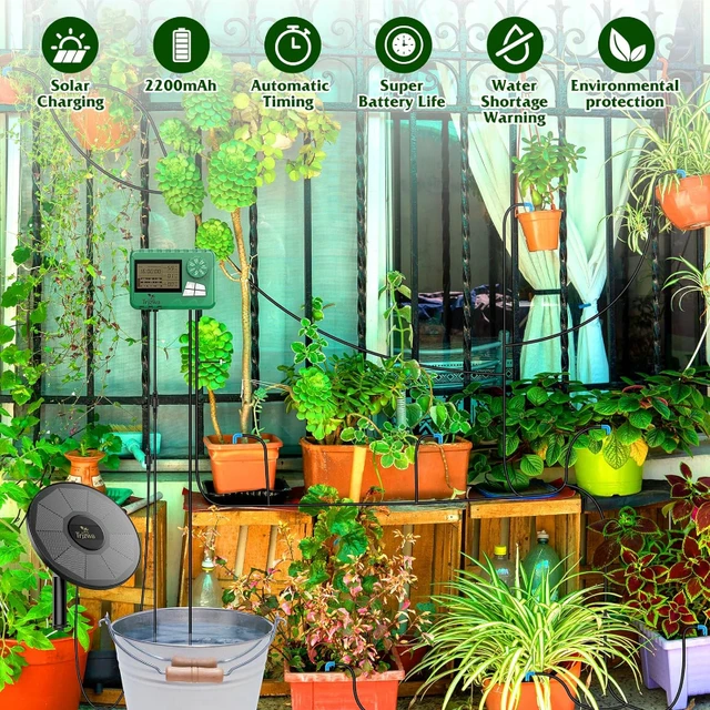 Système d'irrigation goutte-à-goutte solaire, avec tuyau de 15 mètres, pour jardin, balcon et serre 3