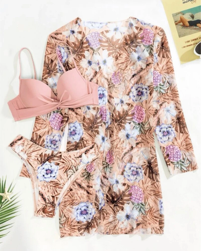 Floral Twist Low Waist Bikini Set with Cover-Up