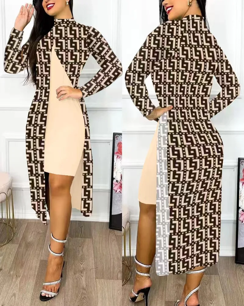 S0e326f05ccbc424cab13e0dcebef070fM Fashion Long Sleeve Office Bodycon Midi Dress Women, Autumn Bilayer Print Elegant Party Ladies Dresses For Women Mallzona