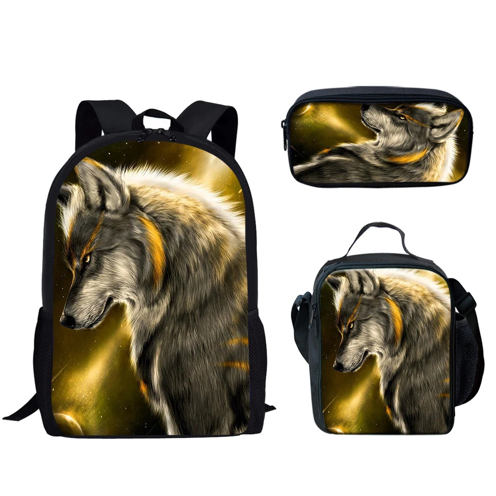 Classic Creative Popular Funny Moon Wolf 3D Print 3pcs/Set pupil School Bags Laptop Daypack Backpack Lunch bag Pencil Case