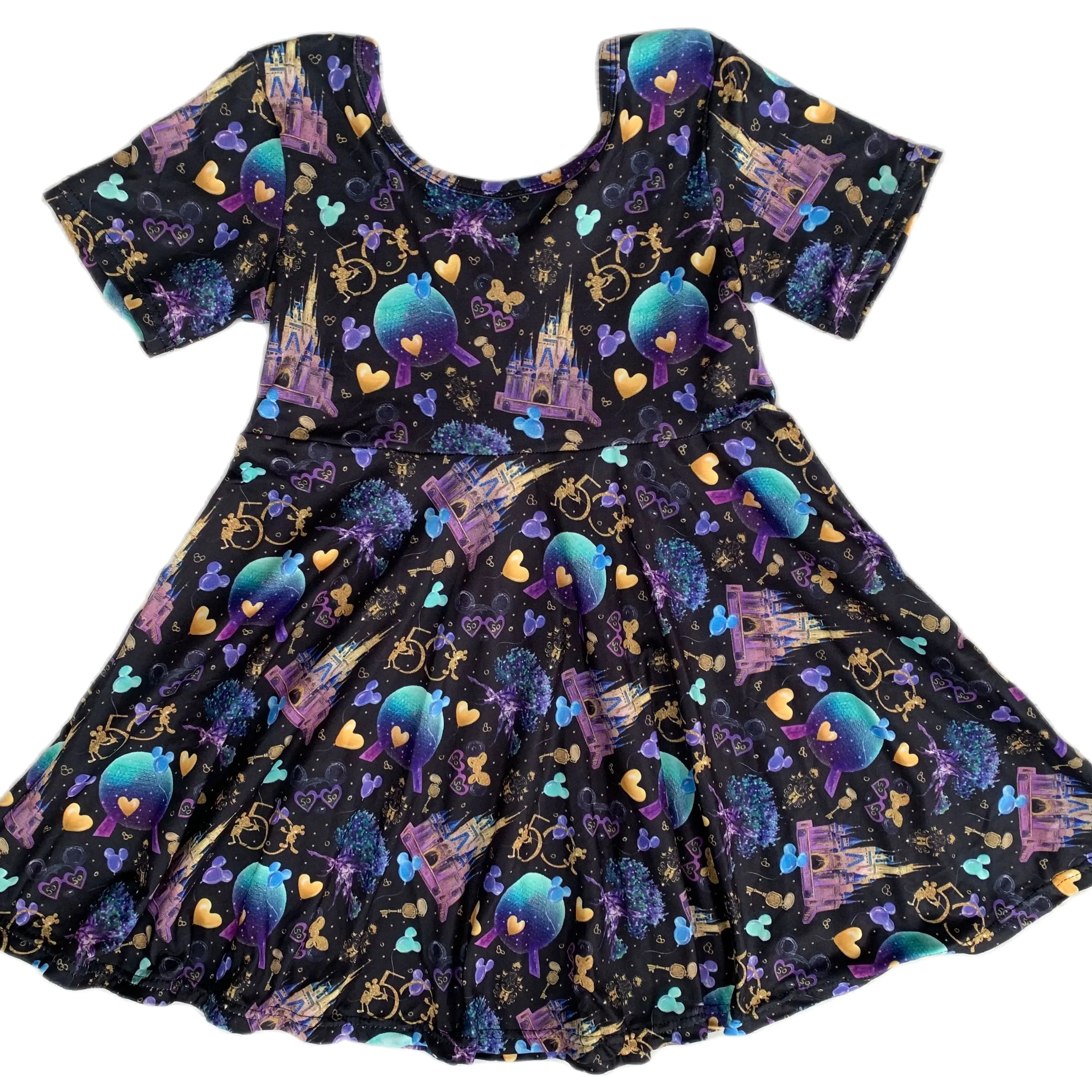 

Magic Castle Print Dark Purple Short Sleeve Dress Summer Girl Skirt Boutique Children's Clothing Wholesale