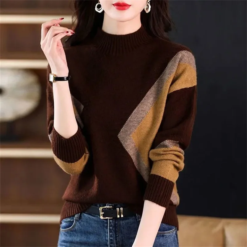 Women Bottoming Shirt Fashion Western-Style Coat 2025New Color Matching Pullover Semi-High Neck Autumn Winter Sweater Female Top