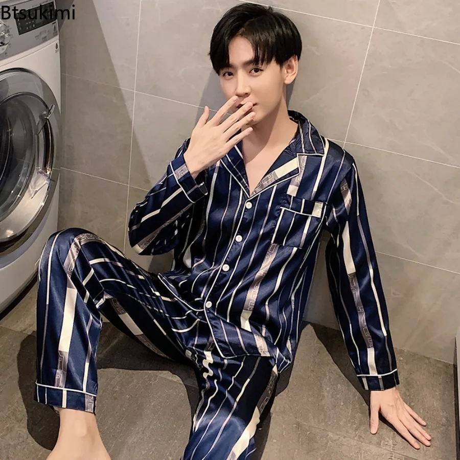 Spring New Men's Ice Silk Pajamas Sets Lapel Long Sleeve Jacquard Cardigan+Pants Homewear Suit Men Loose Casual Satin Sleepwear