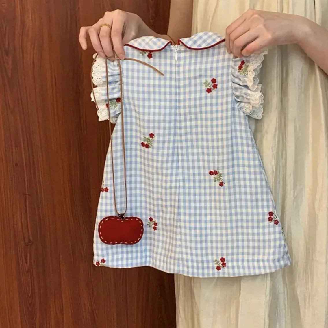 Girls French Dress 2025 New Summer Elegance Children Blue Checkered Tank Top Dress Girls Sweet Princess Dress - 2