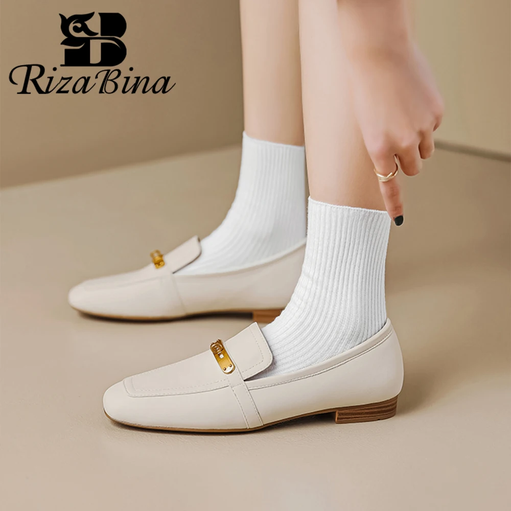 

RIZABINA Flats Shoes Women Real Cow Leather Fashion Ponited Toe Flats Ladies Metal Buckle Spring Daiy Slip On Pumps Size 34-39