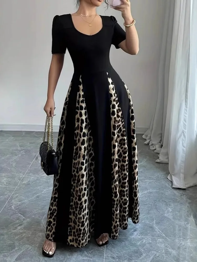 Wmstar 2025 New Women Fashionable Elegant Plus Size Dress Short Sleeve U Neck Black Leopard Print Patchwork Plus Size Dress