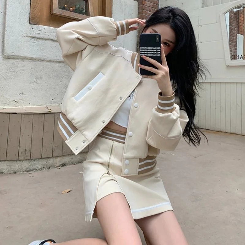 Fashion Retro Baseball Uniform Suit Women's Spring and Autumn Short Coat + High Waist Skirt Hong Kong Style Chic Two-piece Set