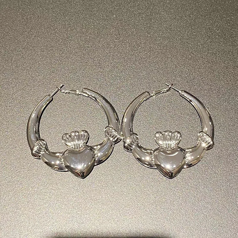 New Big Chunky Claddagh Hoop Earrings for Women Cute Statement Strong Heart Earrings Valentine Day Jewelry Gift 6