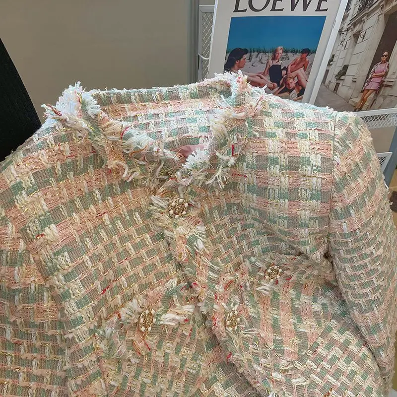 New Tweed Jacket Autumn Women Coat Korean Chic Long Sleeve Crop Top Tweed Blazer Party Outerwear Round Neck Harajuku