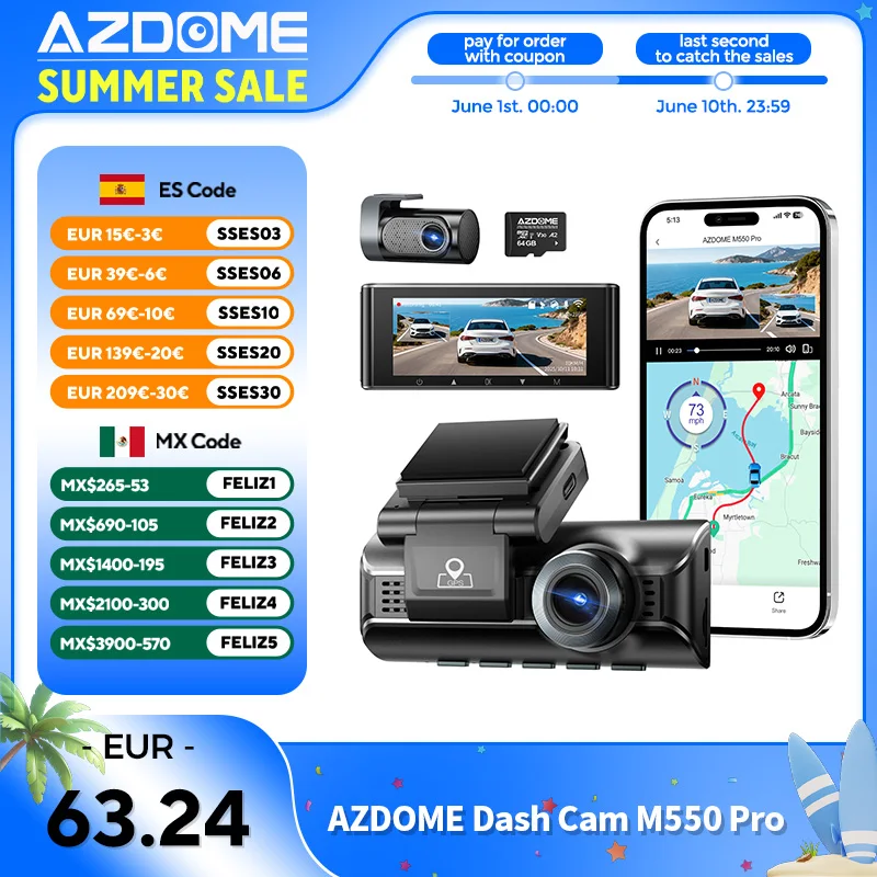 Cámara para Auto AZDOME ADAS M550 Pro 4K+2.5K Delantera y Trasera con Wi-Fi 5.8GHz, GPS, WDR, Visión Nocturna y Monitor de Estacionamiento 24H