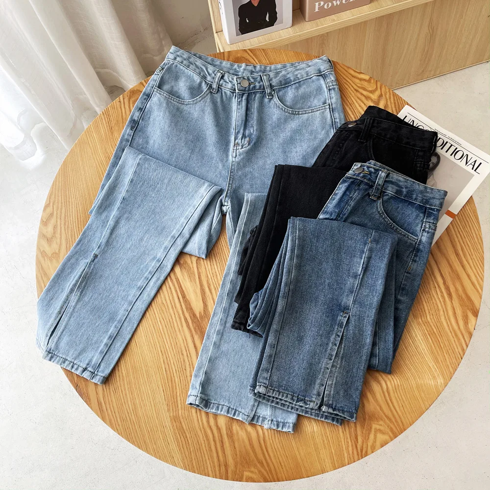 Spring and summer new street fashion solid color split nine-point jeans for women, high waist slim straight jeans for women purple brand jeans