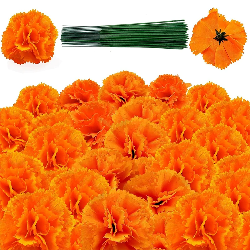 5/10 Stück 5 cm große orangefarbene Ringelblumenköpfe mit Stielen, künstliche Seidenblumen für Zuhause, Zimmer, Hochzeit, Party, Halloween-Dekoration