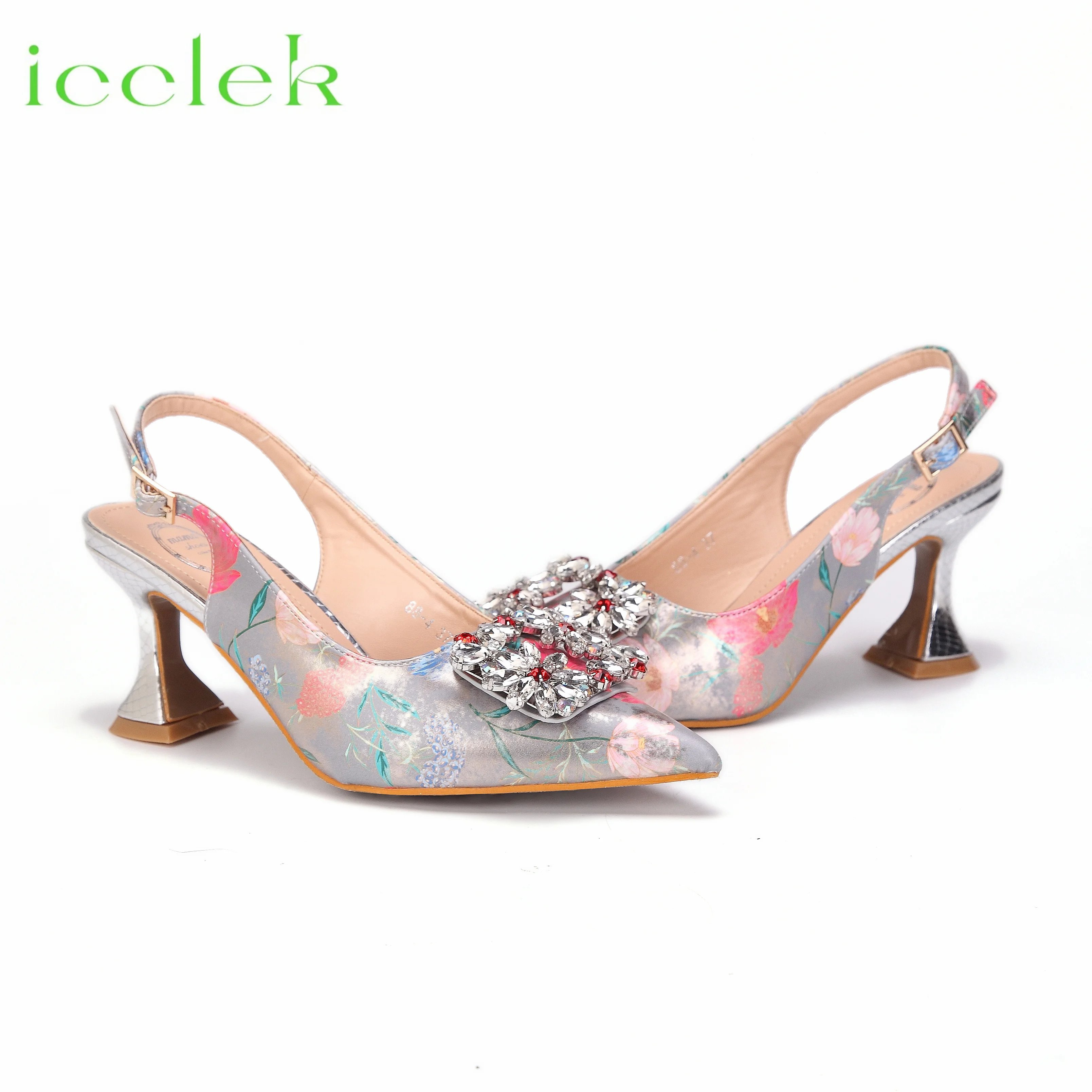 Women High Heels Sandals Printing Flower Material with Rhinestone Italian Design Coffee Color Pointed Toe Shoes and Bags Set