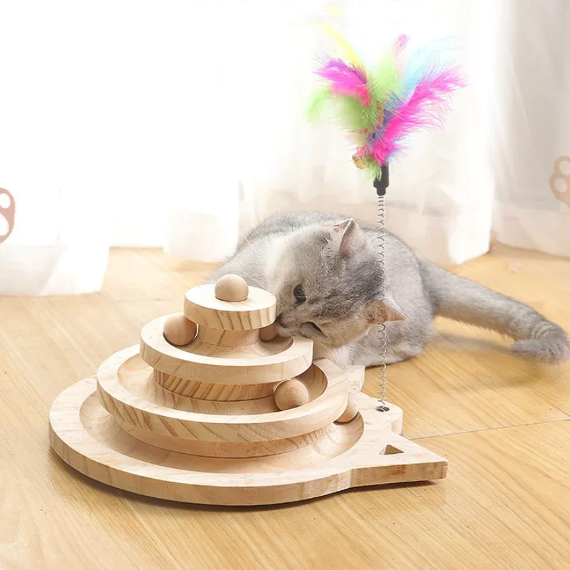 Wooden Cat Toy Tower with Tracks and Ball for Kitten Training