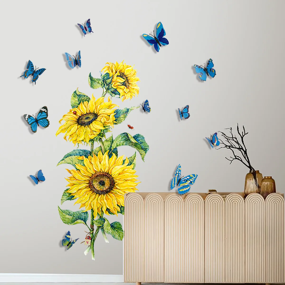 Self-Adhesive Sunflower Wall Stickers with Butterflies Removable Wall Decals for Living Room & Bedroom Decor