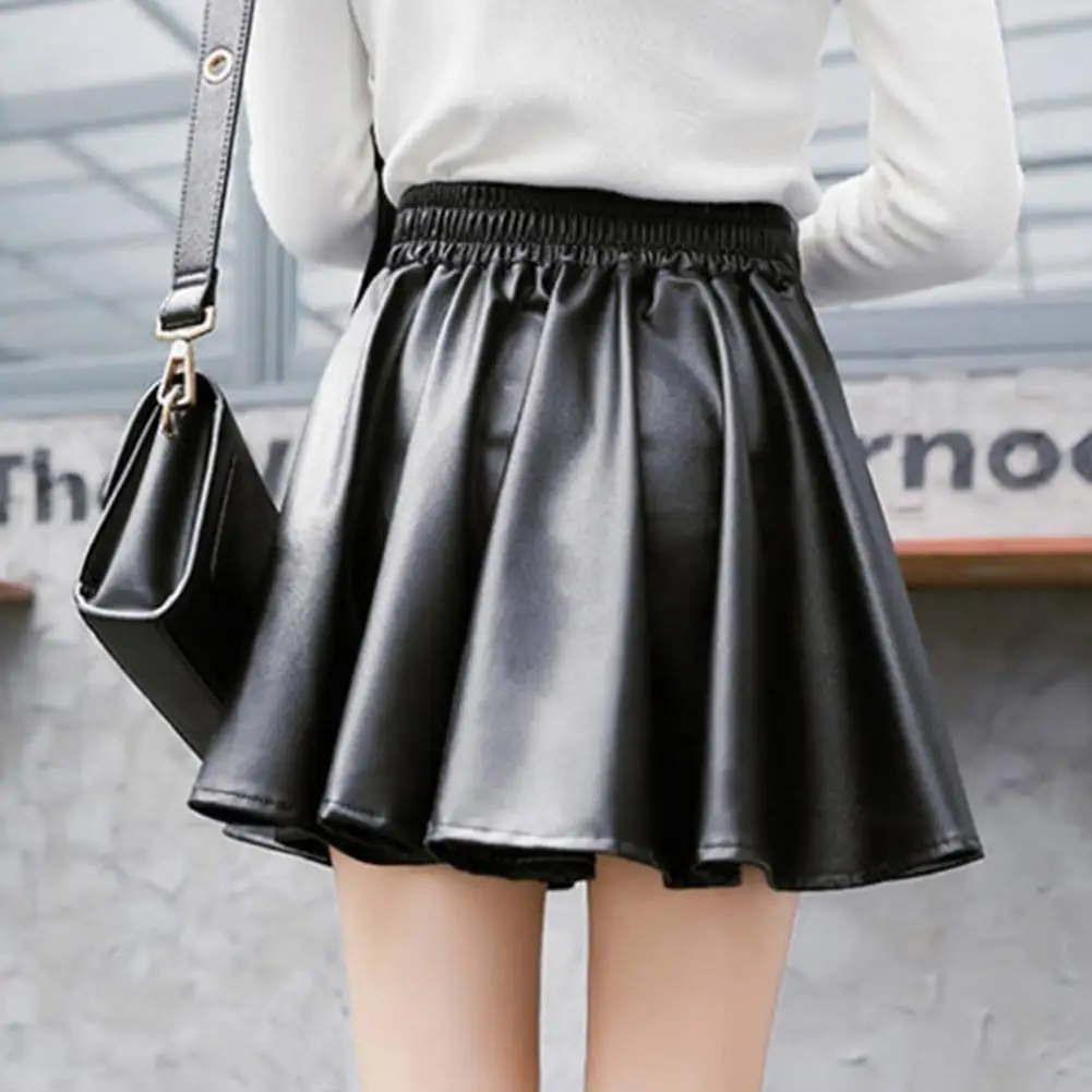 

A-line Skirt Elegant High Waist Faux Leather Skirt for Women Soft Pleated Club Nightclub Mini Skirt with Elastic Waistband Above