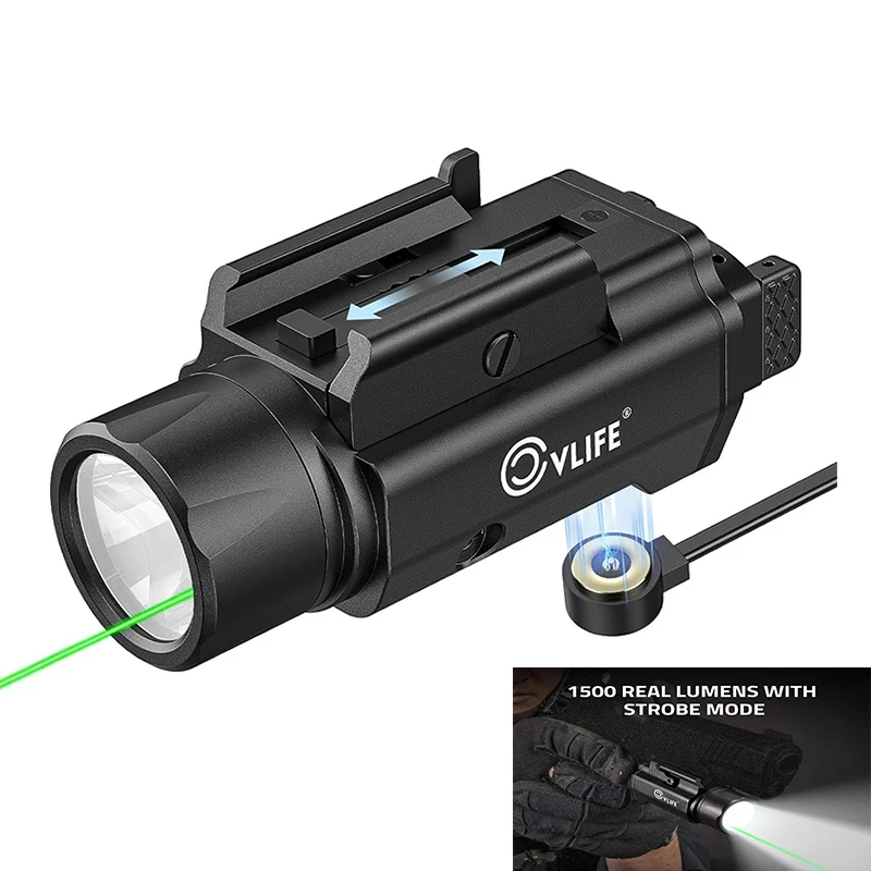 CVLIFE 1500 Lumens Tactical Flashlight Laser Light Combo for Picatinny Pistol Rechargeable Adjustable Rail Magnetic Charging