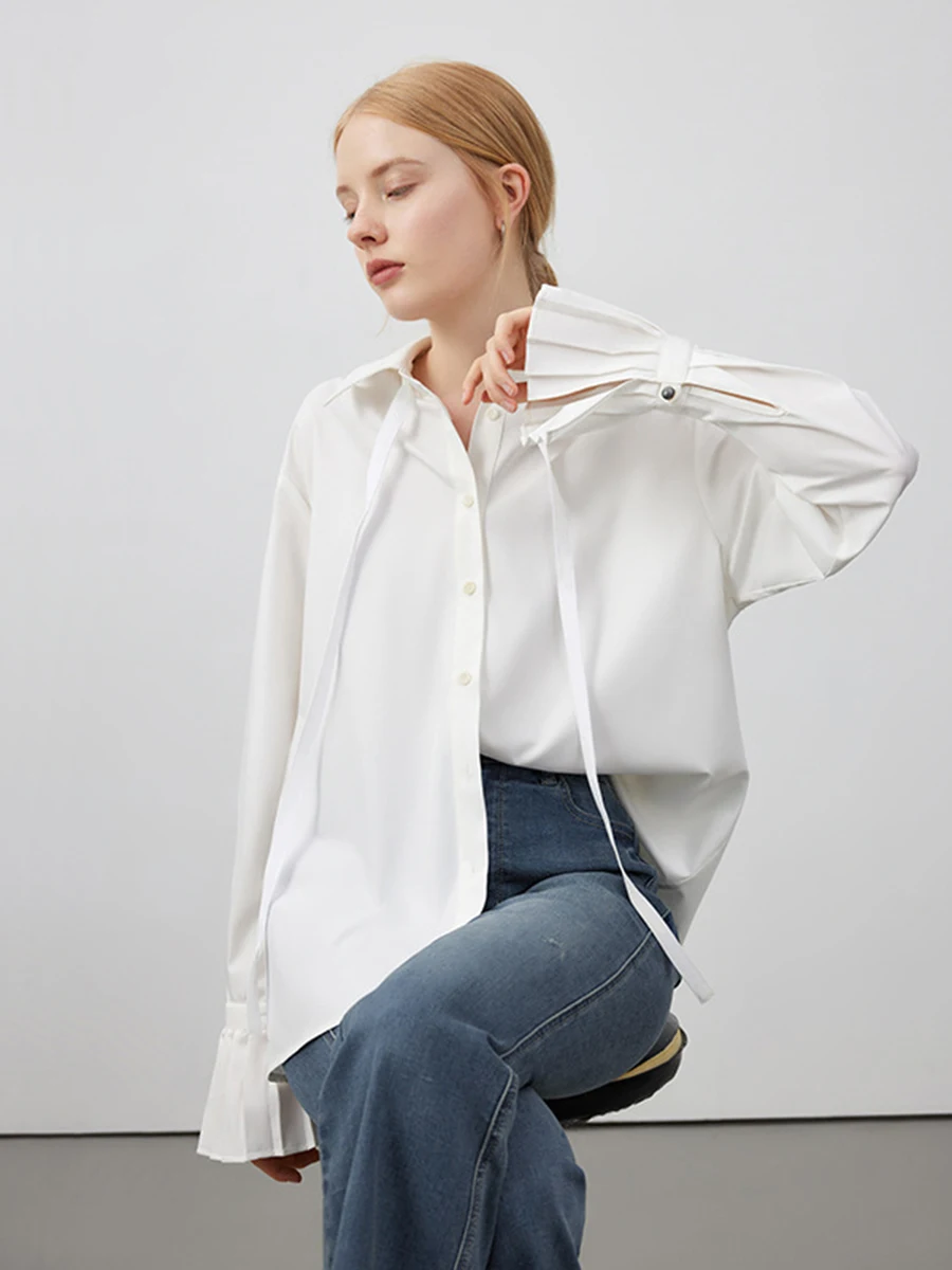 

Solid Casual Blouses Button Turn Down Collar Long Petal Sleeve Vintage Female Blouse Elegant Chic Cozy Women Shirts 2023 Spring
