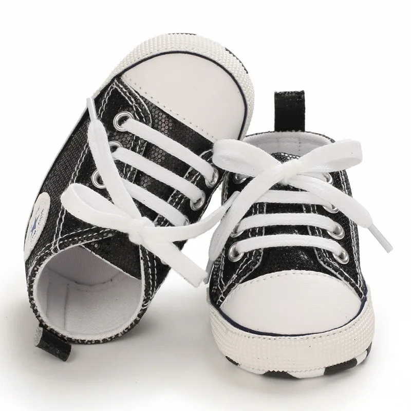 Yibubu Black Baby Shoes Bling Canvas Infant Baby Girls Shoes Lace-up Sneaker Soft Sole Anti-slip Toddler First Walkers 5