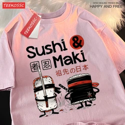 Theduc Unisex Cotton Crewneck Sushi Graphic T-Shirt - Fashionable Loose Fit Top - XXL (Pink)