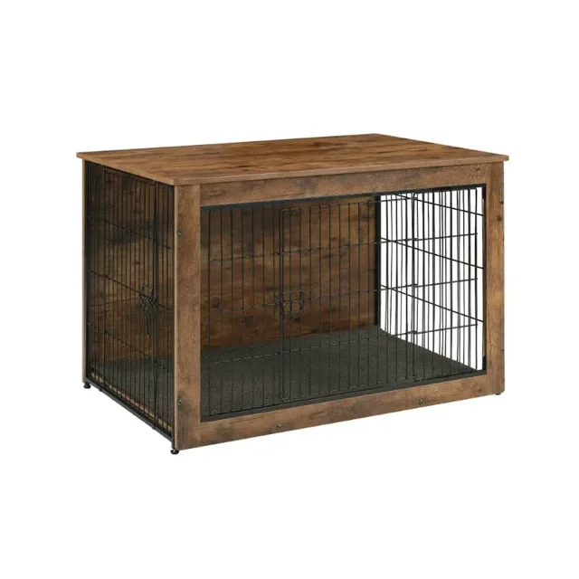 S0e344440ed3b448cb2b497761b2ea21cc.jpg 39 Inch Wooden Dog Kennel Furniture Extra Large Pet Crate End Table Dual Door Brown Heavy Duty Indoor Dog Cage With Cushion