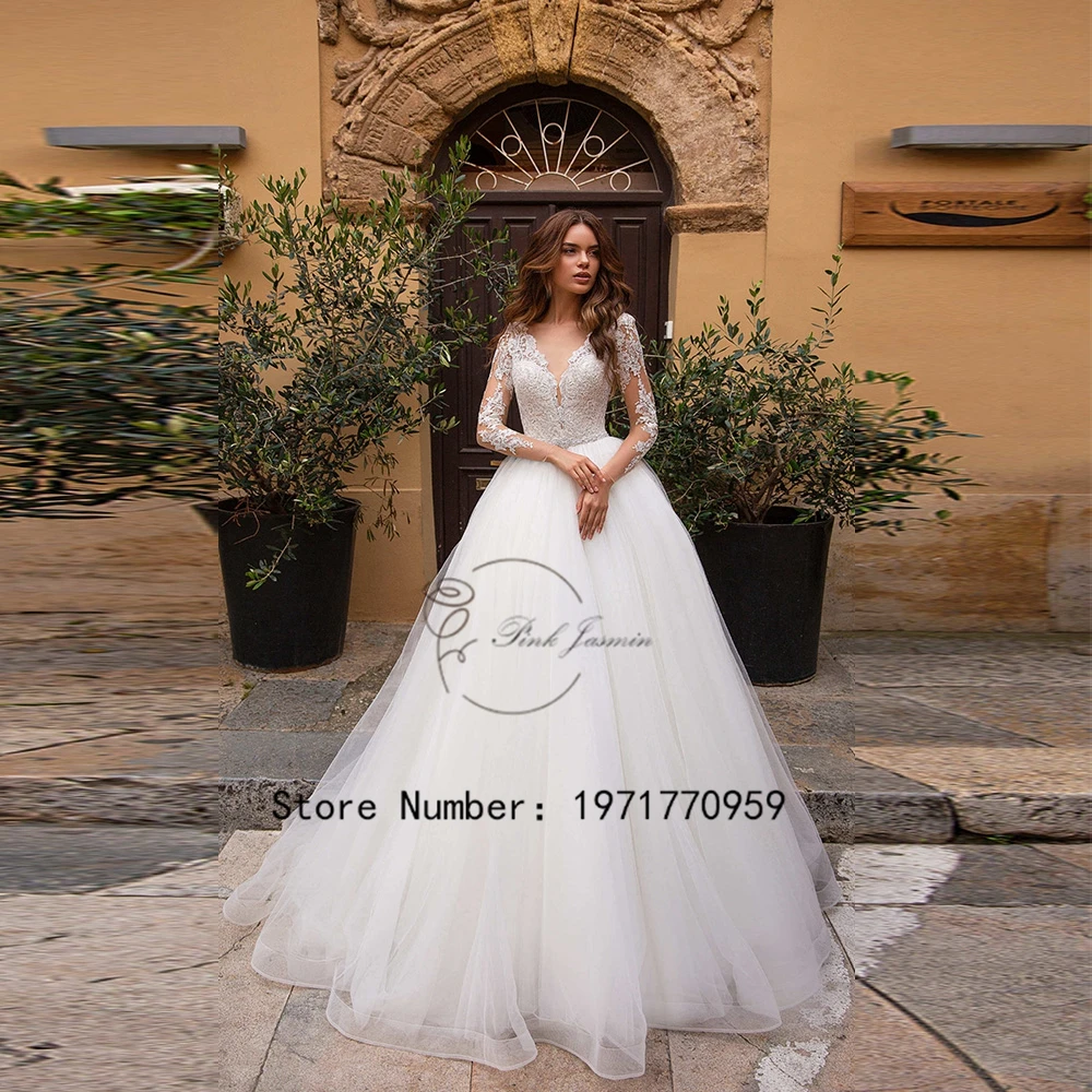 

Elegant Deep V Neck Wedding Dresses For Women Long Sleeves Illusion Button Back Applique Elegant Sweep Train A Line Bride Gowns