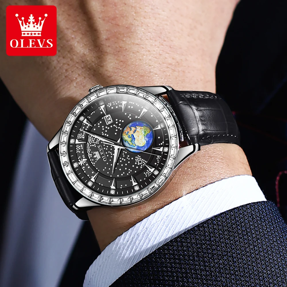 OLEVS 9967 Quartz Watch for Men Luxury Original Diamond Earth Sky Design Mens Watches Stainless Steel Waterproof Wristwatch Gift