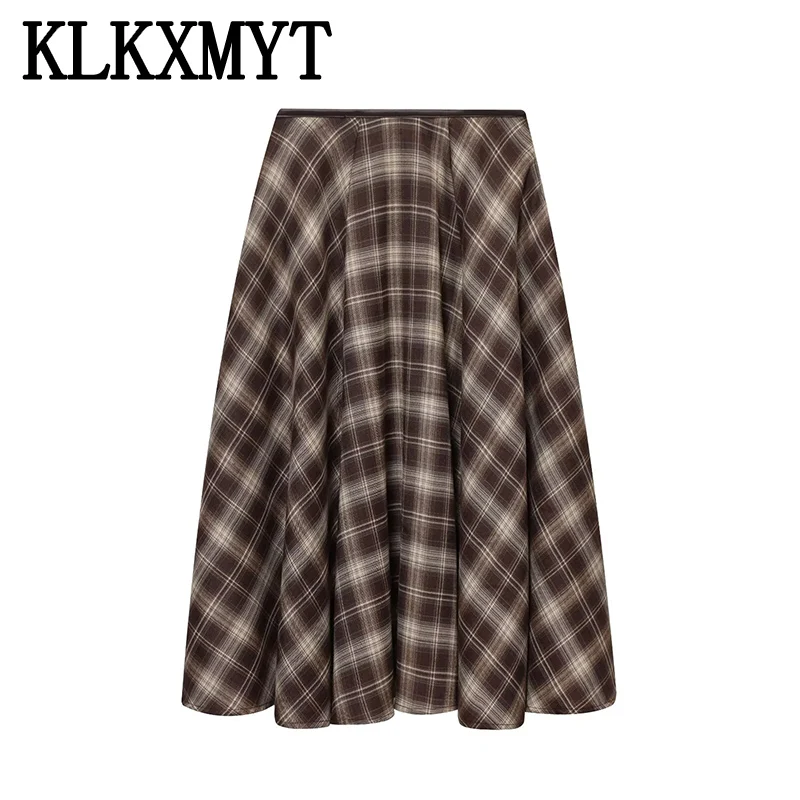 Chic Elegant Long Skirts For Women Fashion Check Pleated Midi Skirt High Street Casual Women's Skirt Temperament New Skirts