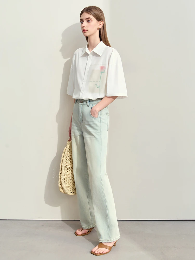 Amii Minimalism 2024 Women Shirts Summer New Casual Lapel Cotton Patchwork Printed Drop Sleeve Chic Lady Shirt & Blouse 12452078