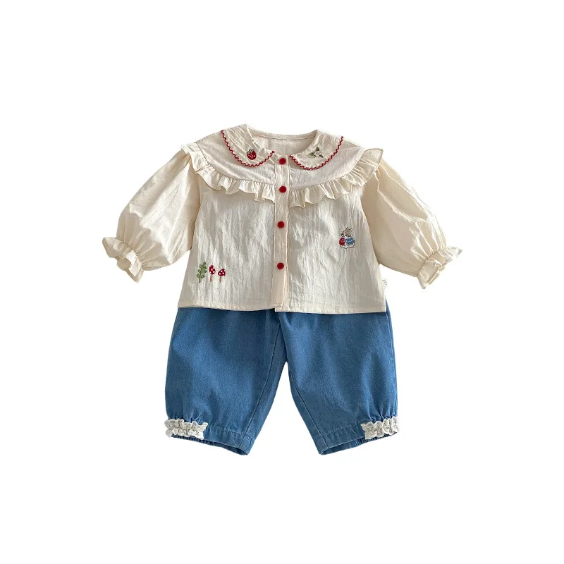 بنطلون جينز للفتيات بخصر مطاطي وحواف دانتيل للأطفال من 0-5 سنوات، موديل ربيع 2026 بأسلوب كوري، ملابس مريحة للفتيات