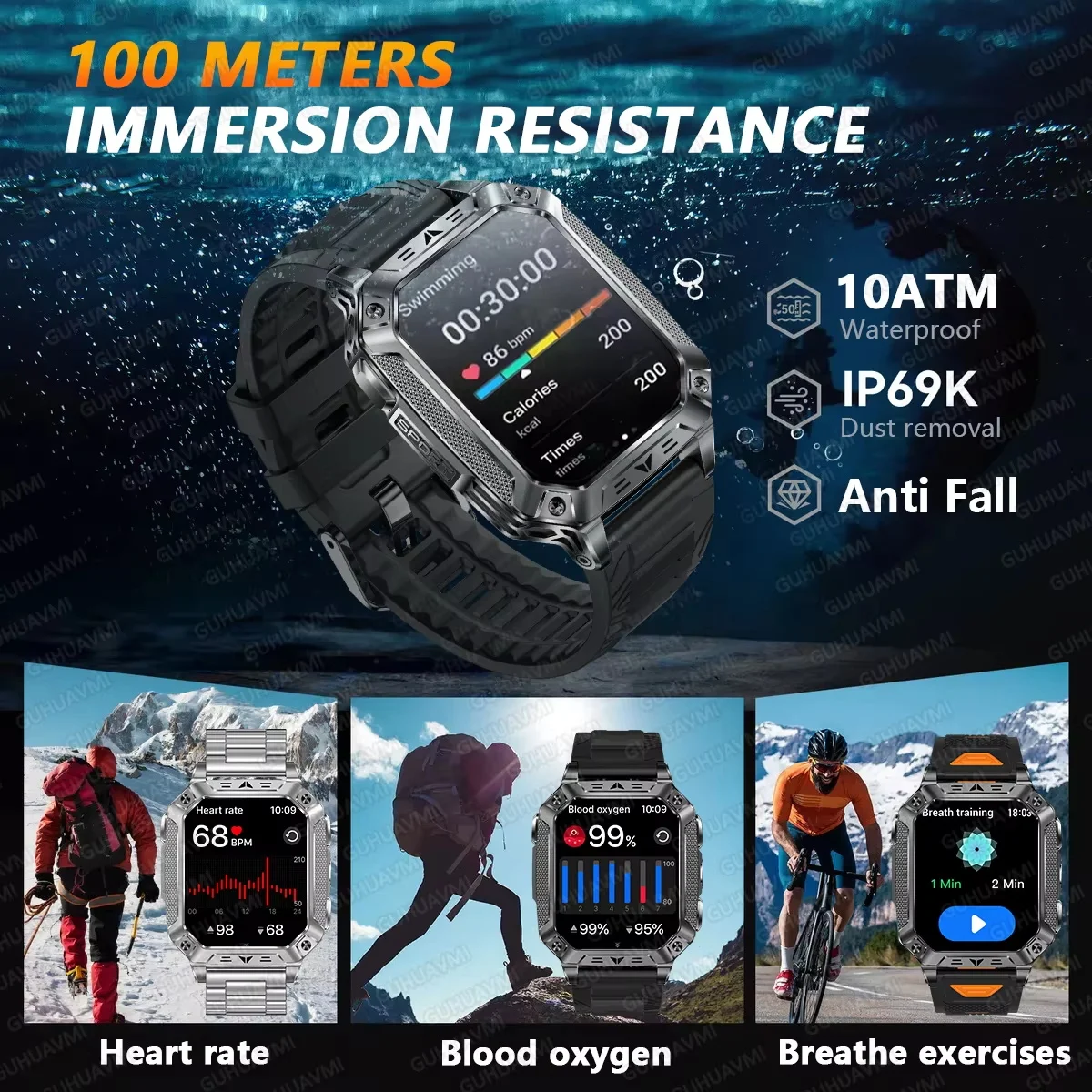 2026 Outdoors Durable GPS Men Sports Smart Watch 2.01” 1400mAh Battery LED Flashlight Waterproof Bluetooth Call Military Watch 3