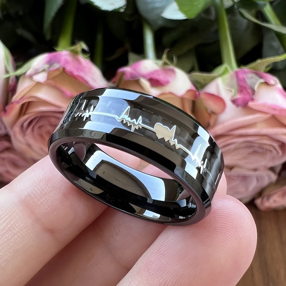 

8mm Black Carbon Fiber Heart Inlay Tungsten Carbide Engagement Rings Wedding Bands Domed Polished Shiny Comfort Fit