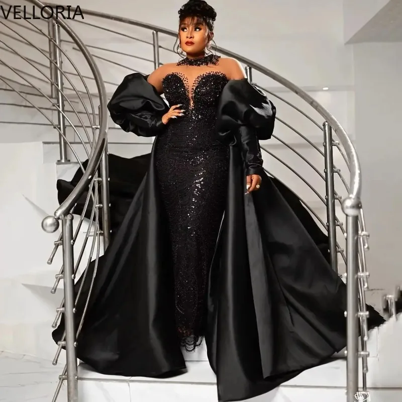 Black Lace Evening Dress with Luxury Beaded Protector Detachable Train Prom Gown Floor Length Robe Party Gown Aso Ebi Customized