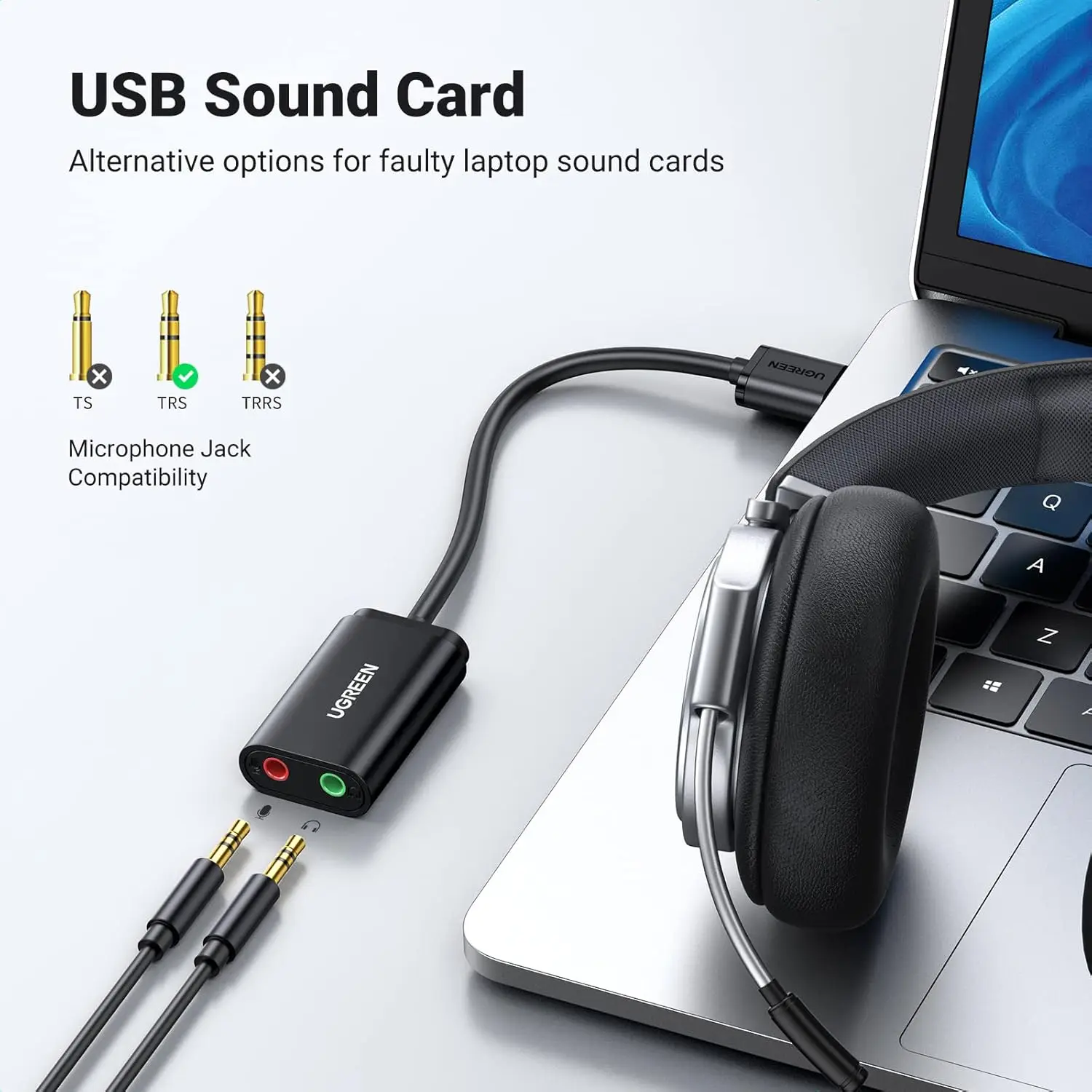 UGREEN USB 외장 사운드 카드 USB-3.5mm 오디오 어댑터 마이크 스피커 컨버터 플러그 앤 플레이 데스크탑 PC PS4 PS5용
