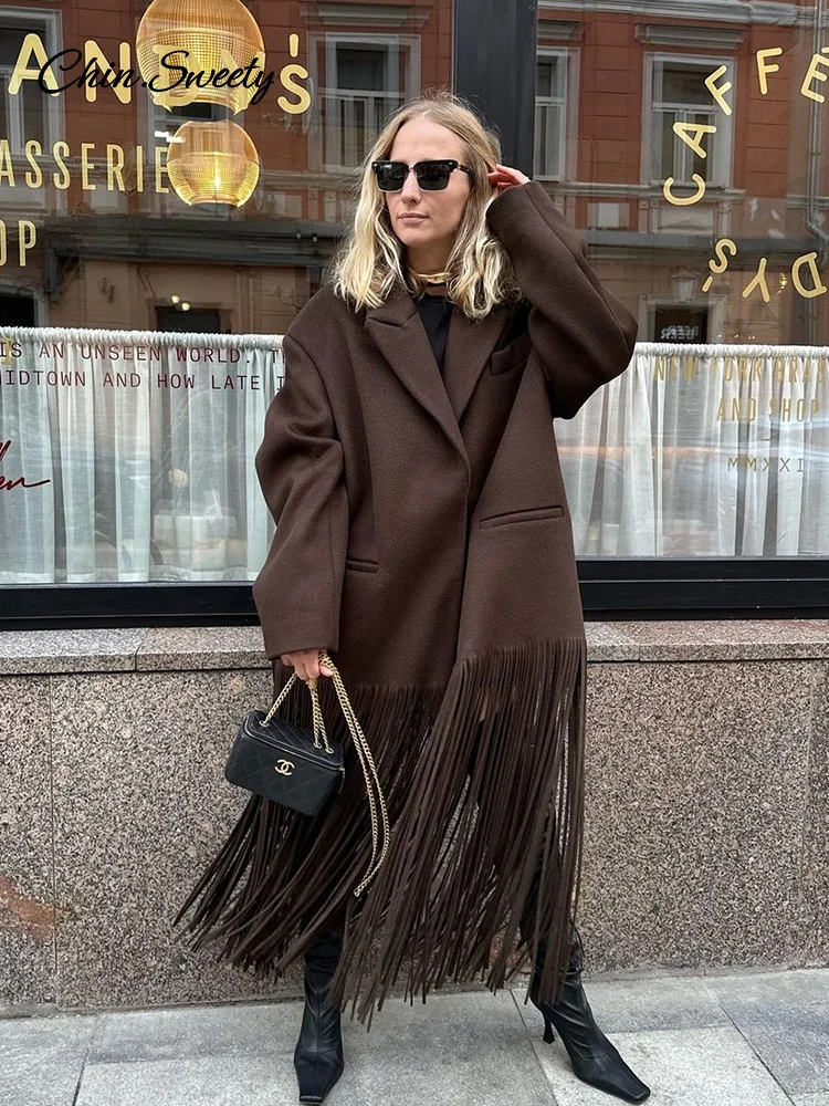 Fashion Woolen Tassel Long Coat Women Brown Single Breasted Long Sleeve Lapel Loose Jacket 2025 Spring High Street Outerwear