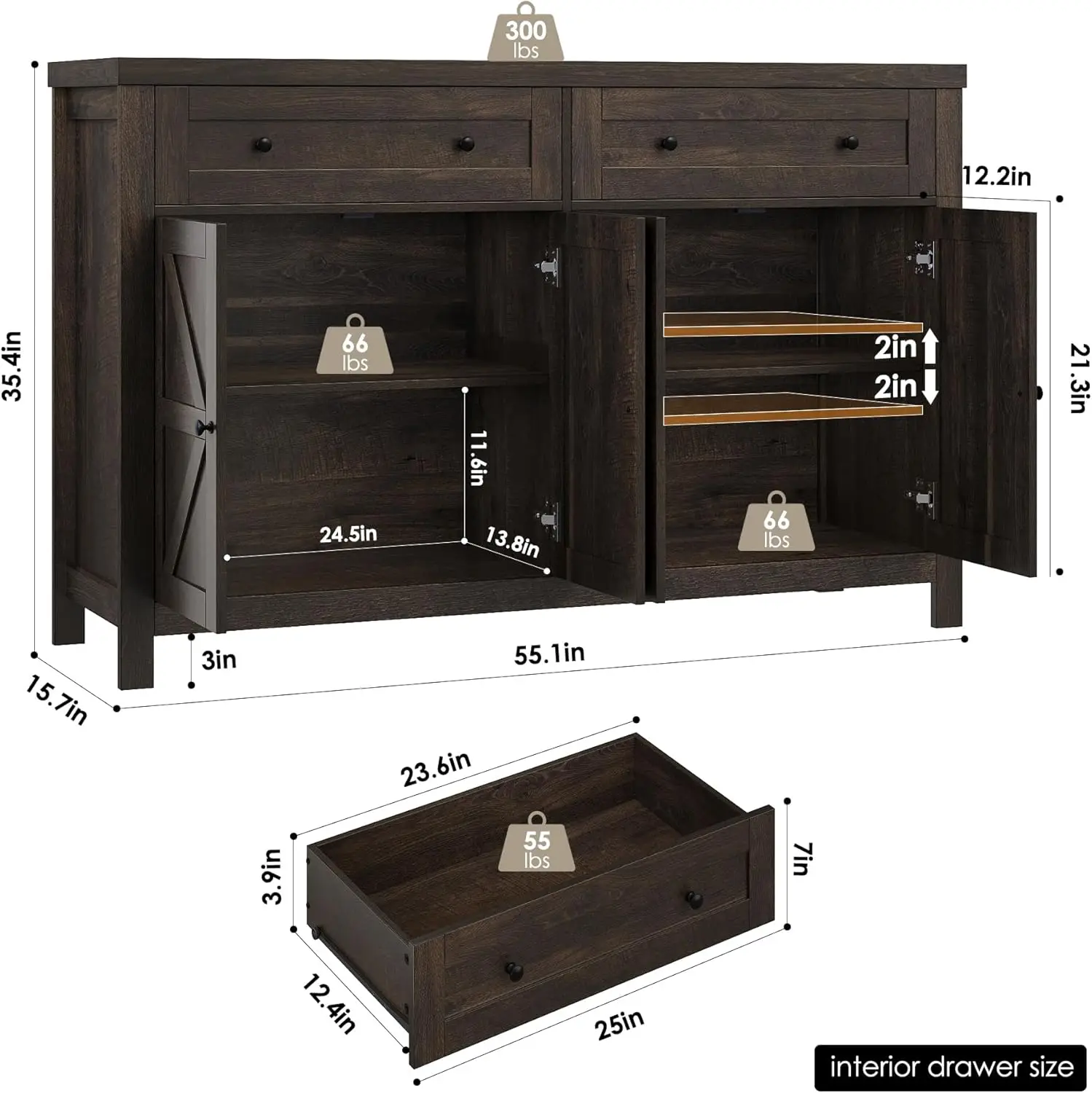 55" Buffet Sideboard Cabinet with Storage, Modern Farmhouse Coffee Bar Cabinet with Drawers and Shelves, Barn Doors Storage 3