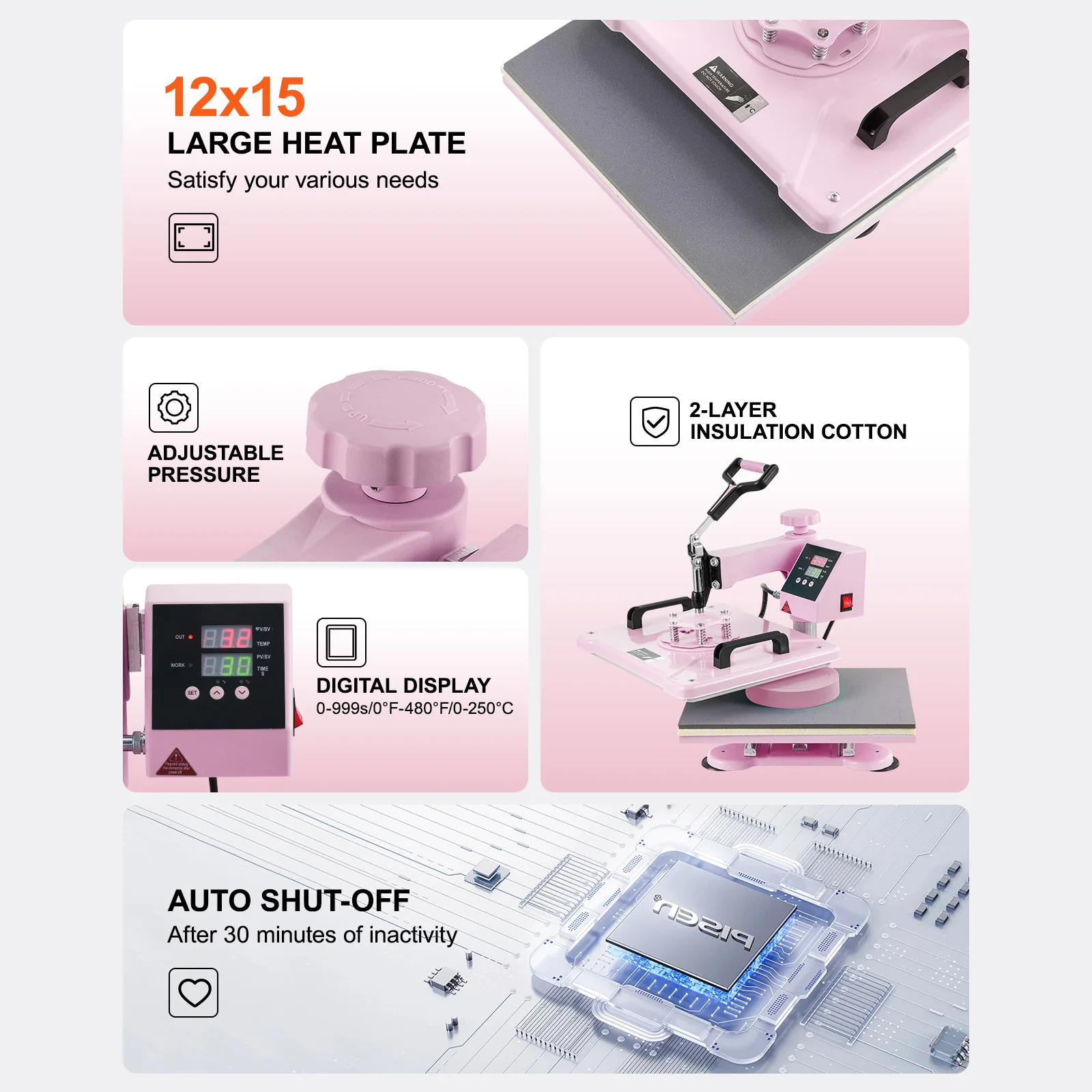 SucceBuy Heat Press Machine 12 x 15 inch 8in 1 Heat Transfer Machine 360° Swing Away T-Shirt for T-Shirts/Mugs/Hats/Plates Pink 6