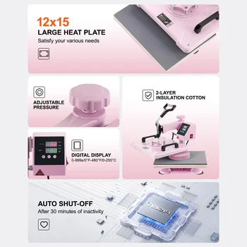 SucceBuy Heat Press Machine 12 x 15 inch 8in 1 Heat Transfer Machine 360° Swing Away T-Shirt for T-Shirts/Mugs/Hats/Plates Pink 6