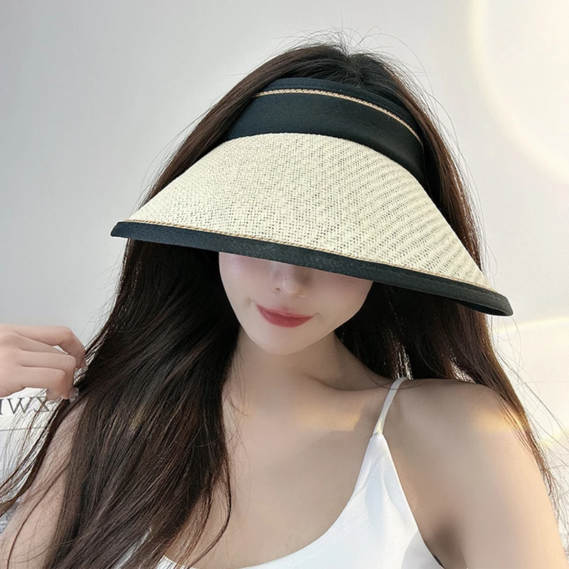 2024 UPF50+ Black Rubber Large Brim Empty Top Straw Hat for Women Summer Sun Protection UV Foldable 12cm Brim Windproof Rope