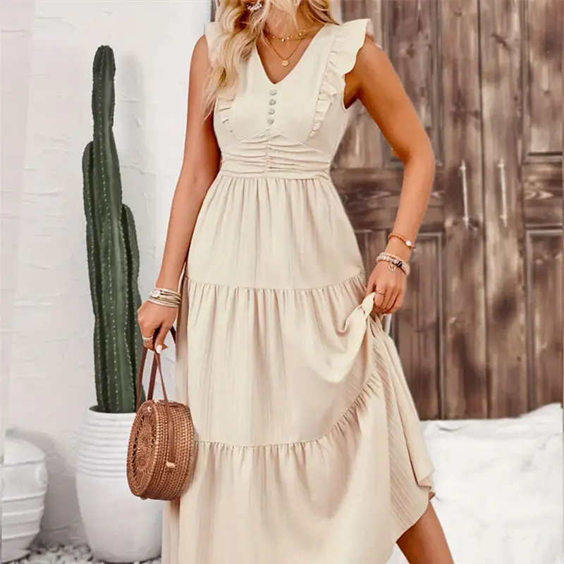 KUKU marca vestido longo feminino casual fino ajuste verão sem